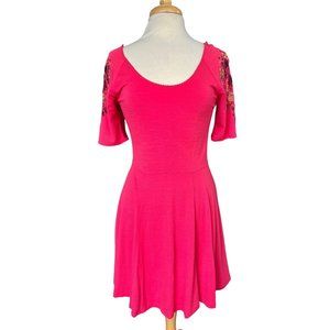 Free People pink raspberry floral garden sleeve embroidered dress size M